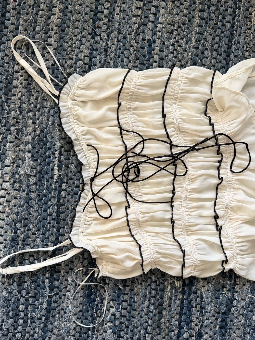 Cream Ruched Spaghetti Strap Tank Top with Black Trim